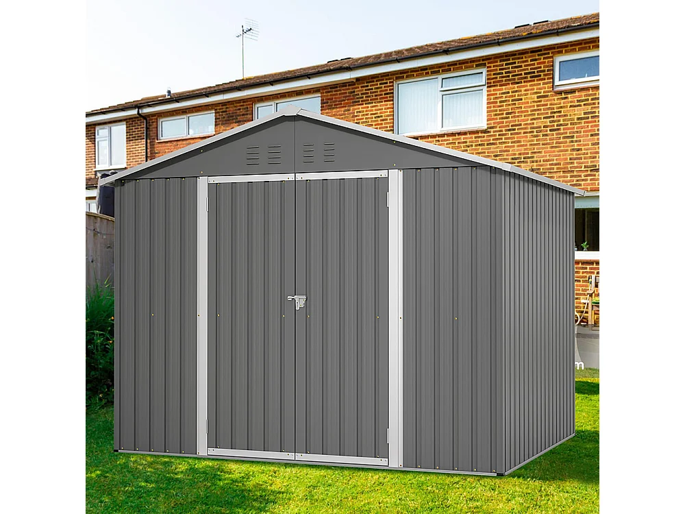 Abri de jardin métal 8x6 pieds avec porte battante pour rangement outils et équipements extérieurs résistant aux intempéries gris