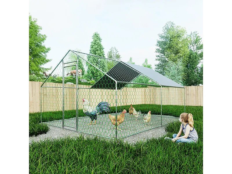 Chalet de jardin poulailler 3x4x2 mètres en métal avec serrure sécurité et toile PE imperméable pour petits animaux domestiques