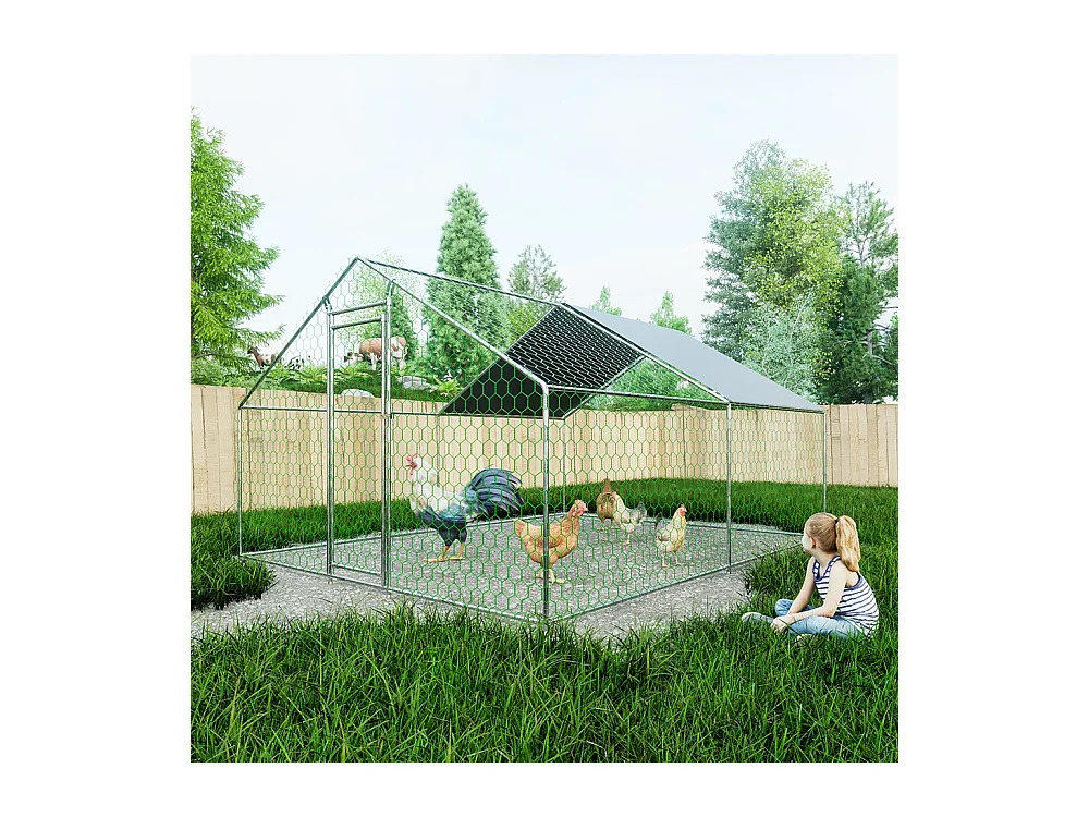 Chalet de jardin poulailler 3x4x2 mètres en métal avec serrure sécurité et toile PE imperméable pour petits animaux domestiques