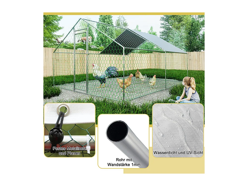 Chalet de jardin poulailler 3x4x2 mètres en métal avec serrure sécurité et toile PE imperméable pour petits animaux domestiques