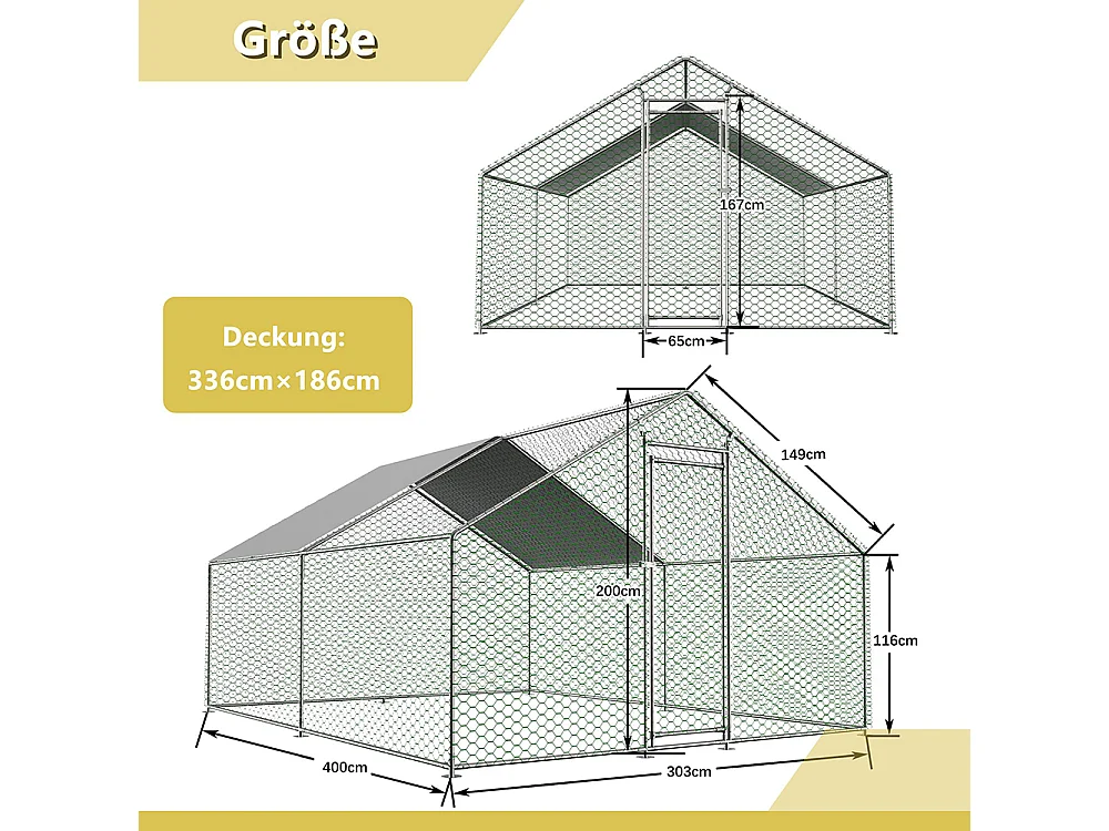 Chalet de jardin poulailler 3x4x2 mètres en métal avec serrure sécurité et toile PE imperméable pour petits animaux domestiques
