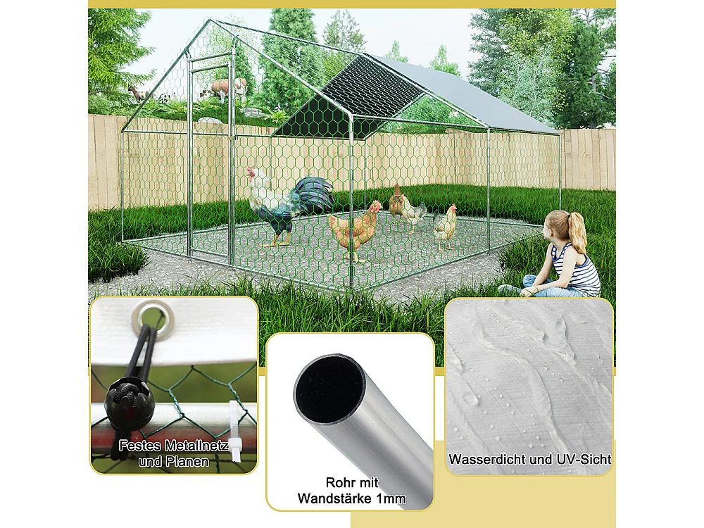 Chalet de jardin poulailler 3x4x2 mètres en métal avec serrure sécurité et toile PE imperméable pour petits animaux domestiques