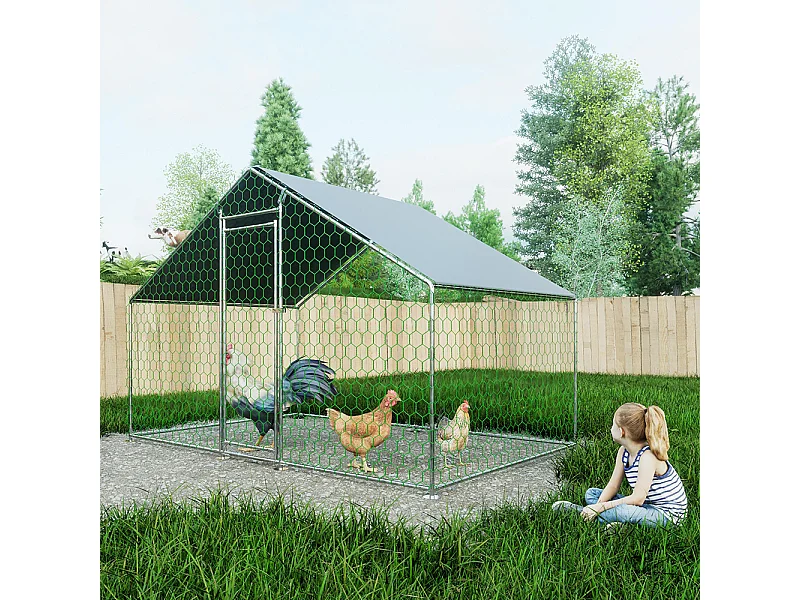 Enclos extérieur métallique poulailler 3x2x2 m avec système verrouillage et bâche PE durable pour élevage volailles sécurisé