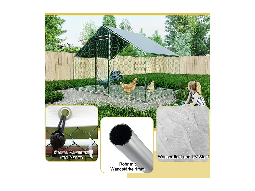 Enclos extérieur métallique poulailler 3x2x2 m avec système verrouillage et bâche PE durable pour élevage volailles sécurisé