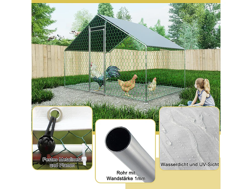 Enclos extérieur métallique poulailler 3x2x2 m avec système verrouillage et bâche PE durable pour élevage volailles sécurisé