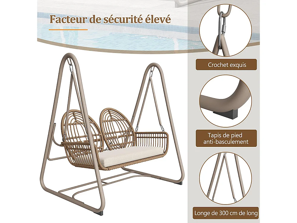 Chaise de balançoire jardin rotin synthétique 2 sièges dossier marron coussins ensemble de mobilier de jardin beiges
