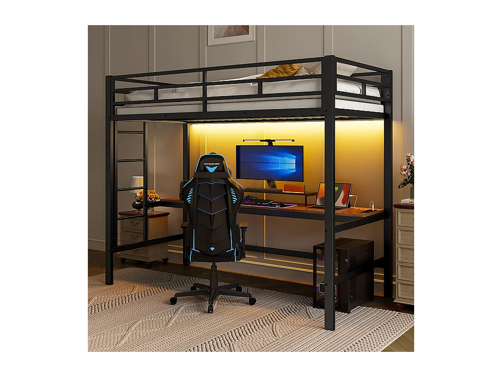 Lit mezzanine 90×200 cm rampe escabeau table avec USB et prise bande lumineuse Wire Control éclairage d'ambiance métal Noir