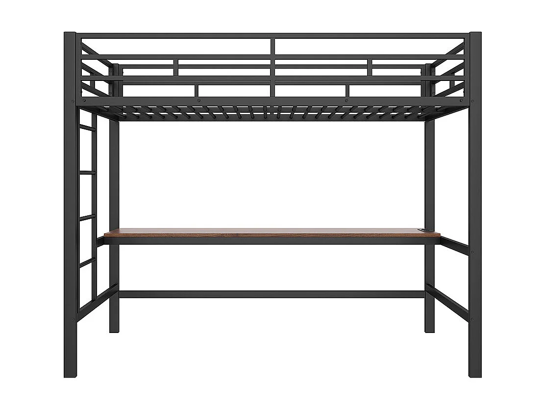 Lit mezzanine 90×200 cm rampe escabeau table avec USB et prise bande lumineuse Wire Control éclairage d'ambiance métal Noir