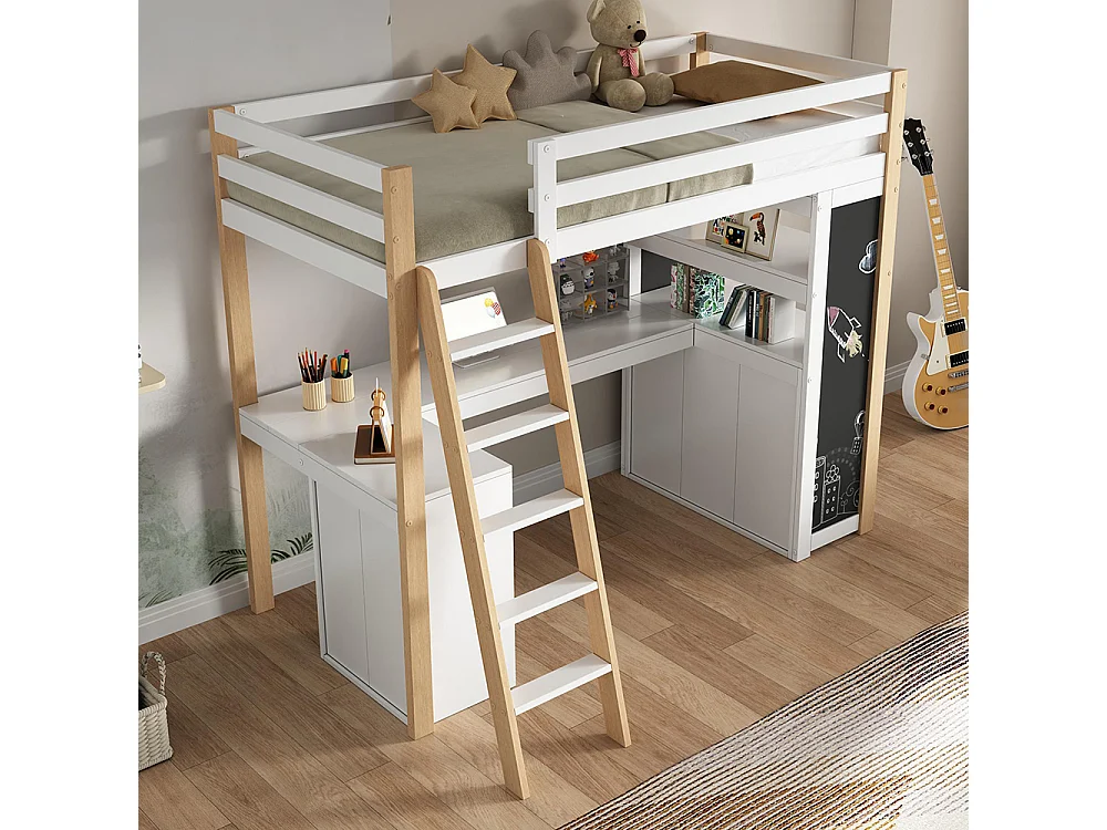Lit mezzanine 90×200 cm lit enfant avec échelle Bureau Compartiment de rangement Grand tiroir Tableau Étagère Blanc+Naturel
