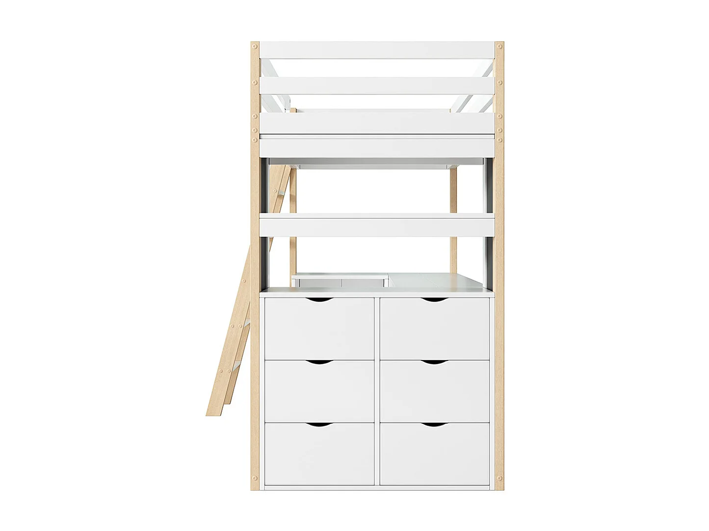 Lit mezzanine 90×200 cm lit enfant avec échelle Bureau Compartiment de rangement Grand tiroir Tableau Étagère Blanc+Naturel