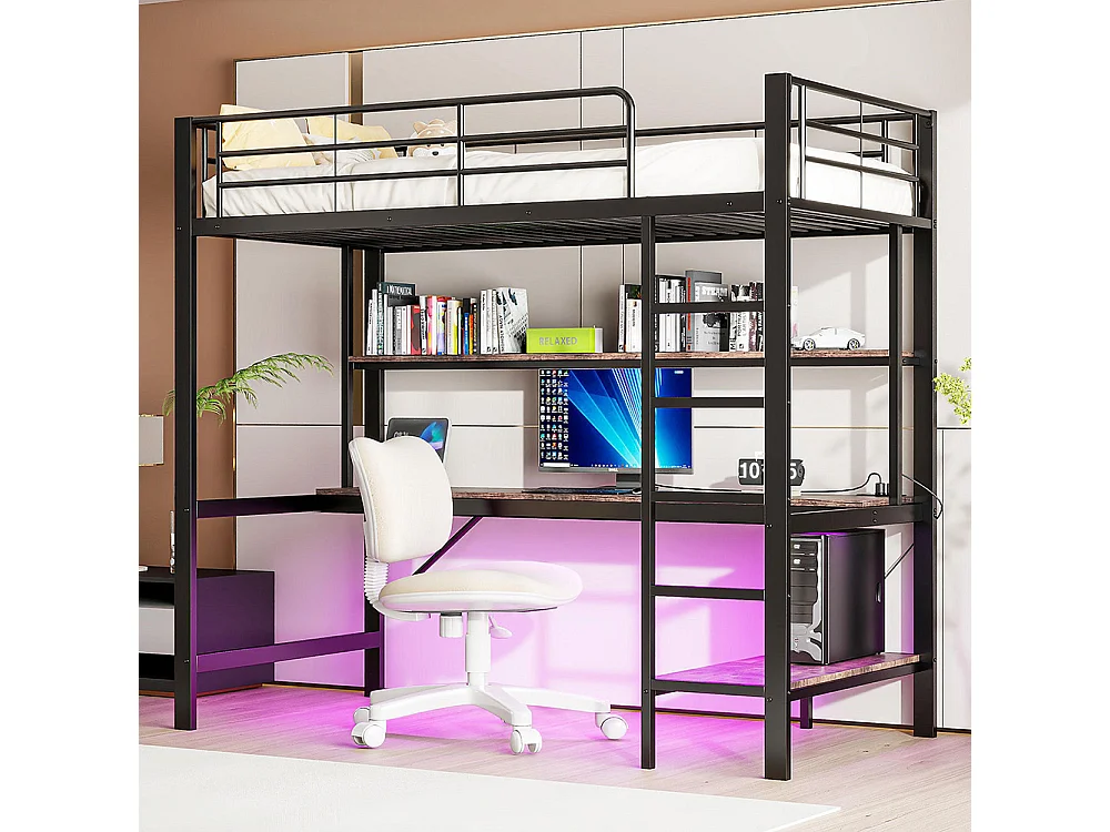 Lit mezzanine 90×200 cm garde-corps escabeau avec usb et prise éclairage d'ambiance étagère à plusieurs niveaux Métal Noir