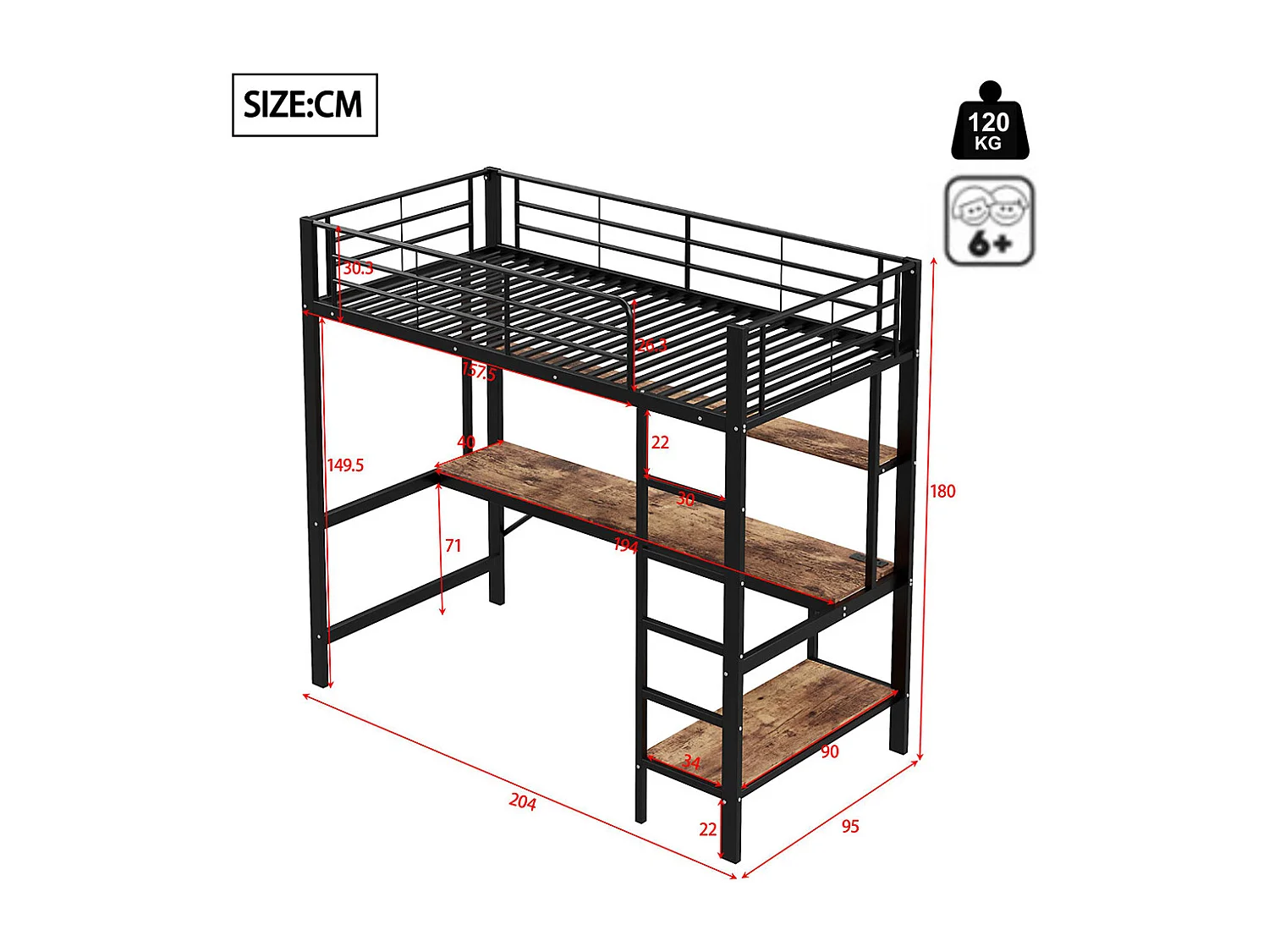 Lit mezzanine 90×200 cm garde-corps escabeau avec usb et prise éclairage d'ambiance étagère à plusieurs niveaux Métal Noir