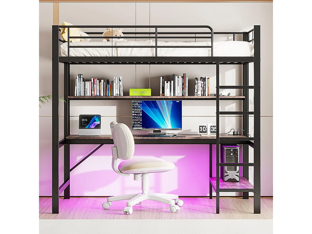 Lit mezzanine 90×200 cm garde-corps escabeau avec usb et prise éclairage d'ambiance étagère à plusieurs niveaux Métal Noir