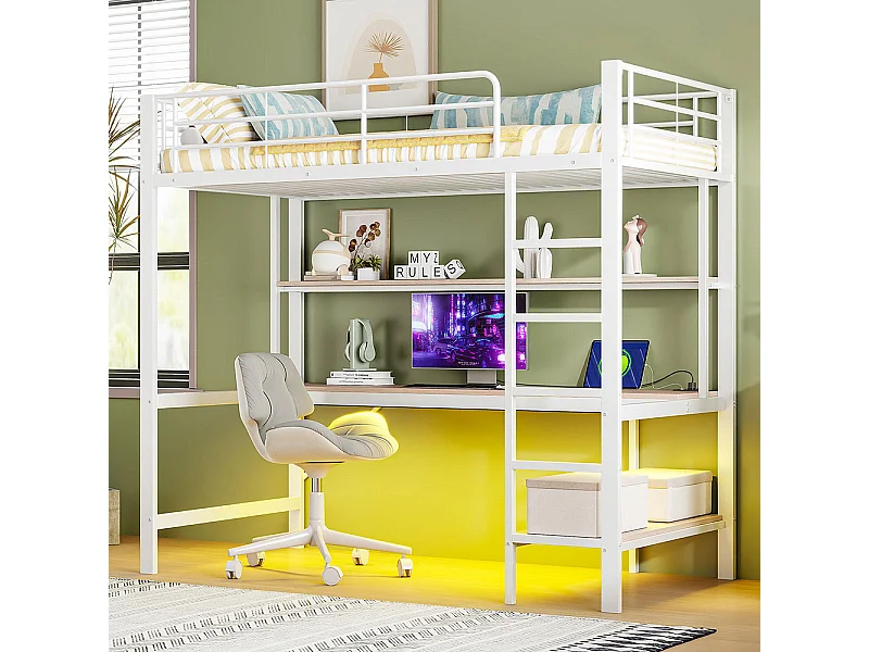 Lit mezzanine 90×200 cm garde-corps escabeau avec usb et prise éclairage d'ambiance étagère à plusieurs niveaux Métal Blanc