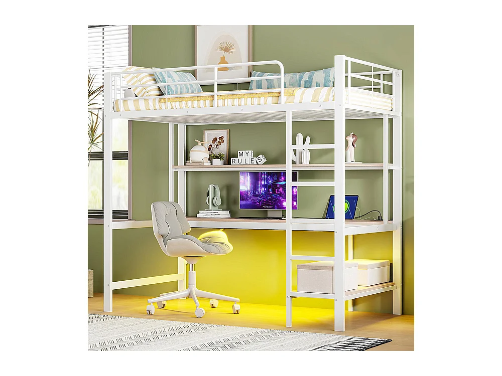 Lit mezzanine 90×200 cm garde-corps escabeau avec usb et prise éclairage d'ambiance étagère à plusieurs niveaux Métal Blanc