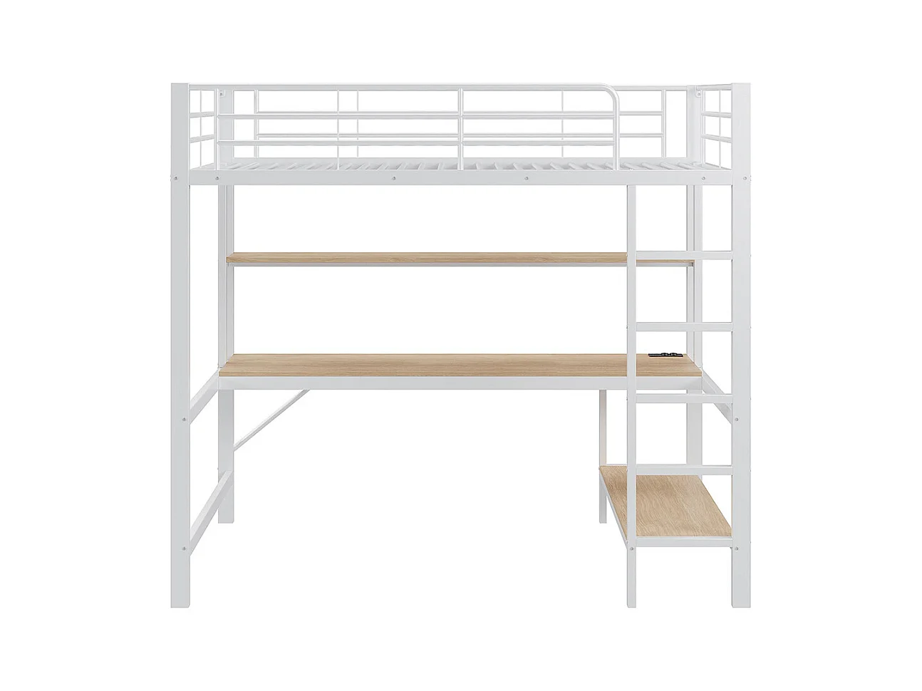 Lit mezzanine 90×200 cm garde-corps escabeau avec usb et prise éclairage d'ambiance étagère à plusieurs niveaux Métal Blanc