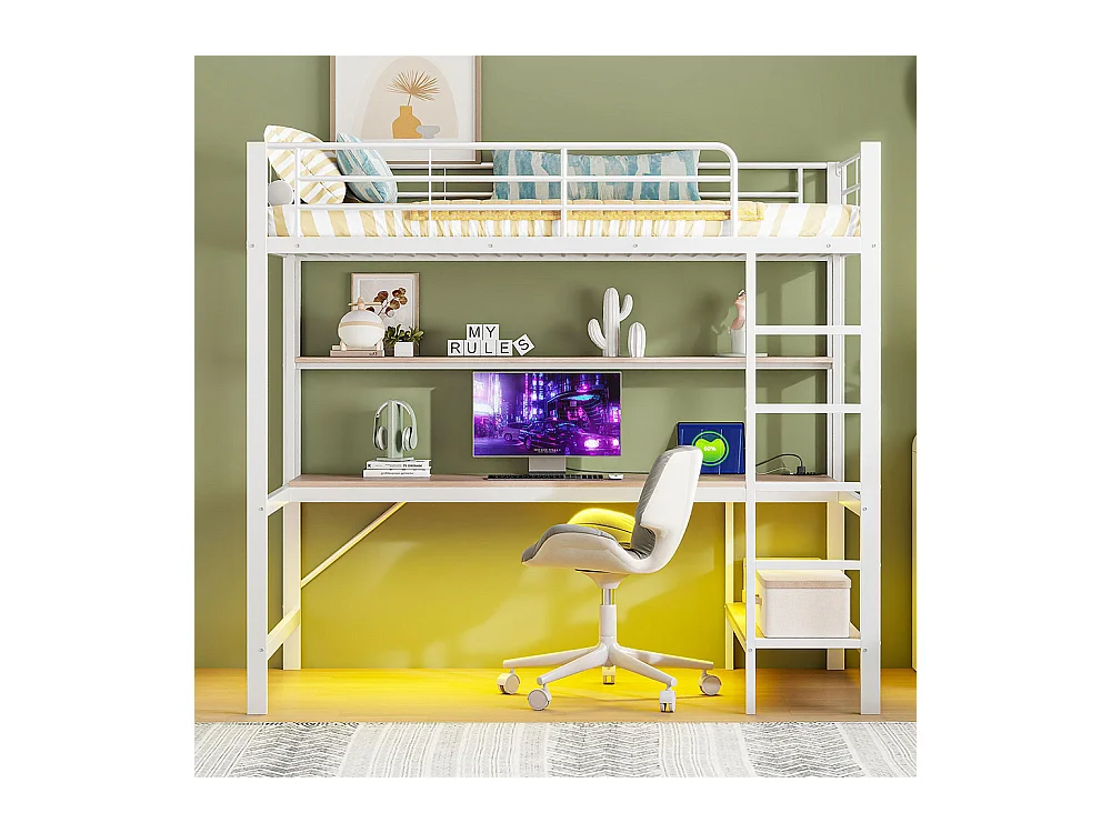 Lit mezzanine 90×200 cm garde-corps escabeau avec usb et prise éclairage d'ambiance étagère à plusieurs niveaux Métal Blanc