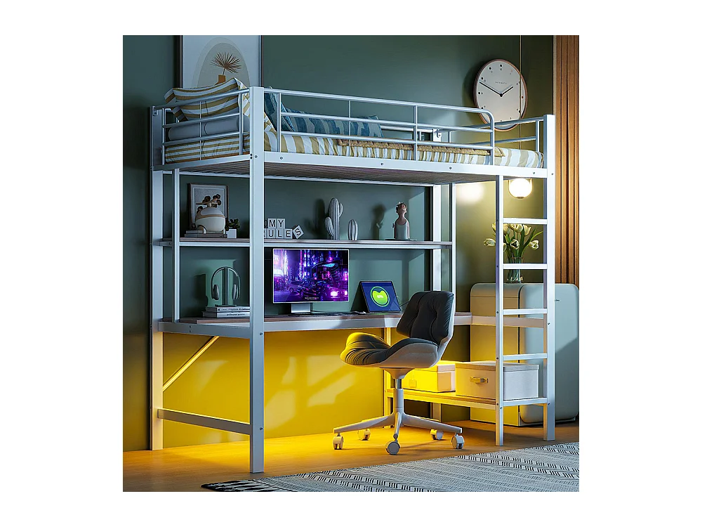 Lit mezzanine 90×200 cm garde-corps escabeau avec usb et prise éclairage d'ambiance étagère à plusieurs niveaux Métal Blanc