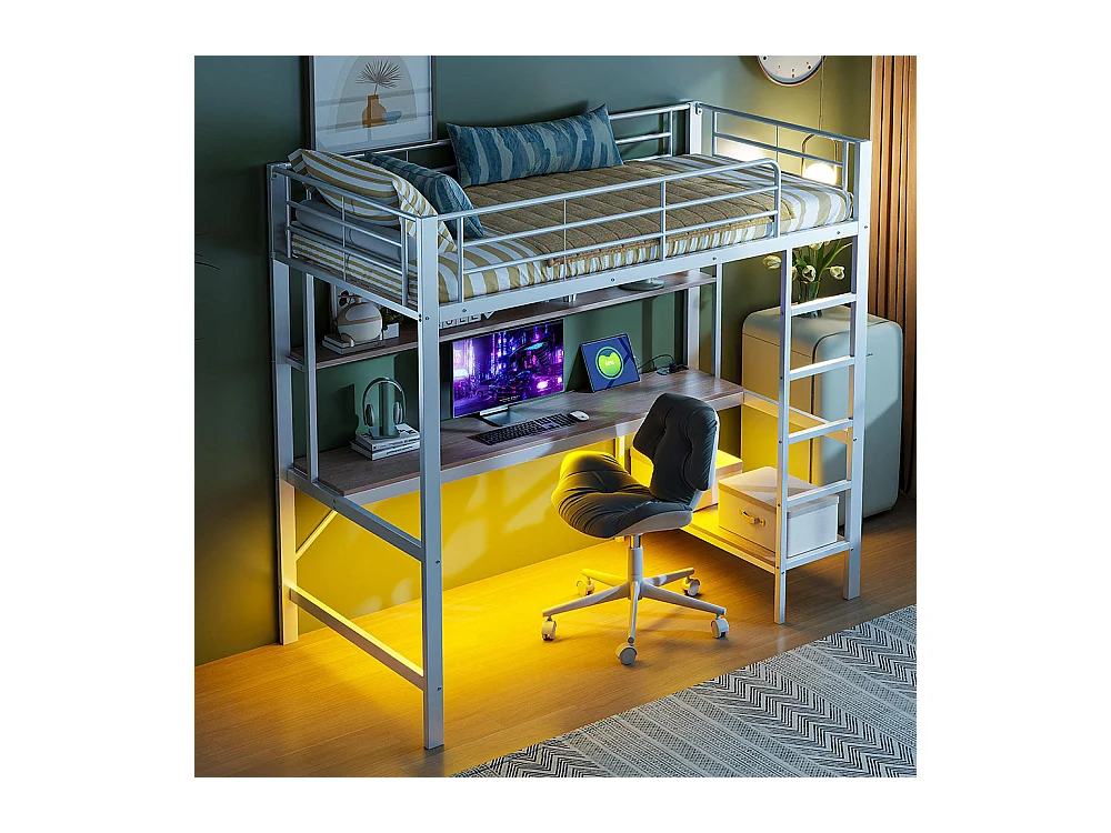 Lit mezzanine 90×200 cm garde-corps escabeau avec usb et prise éclairage d'ambiance étagère à plusieurs niveaux Métal Blanc