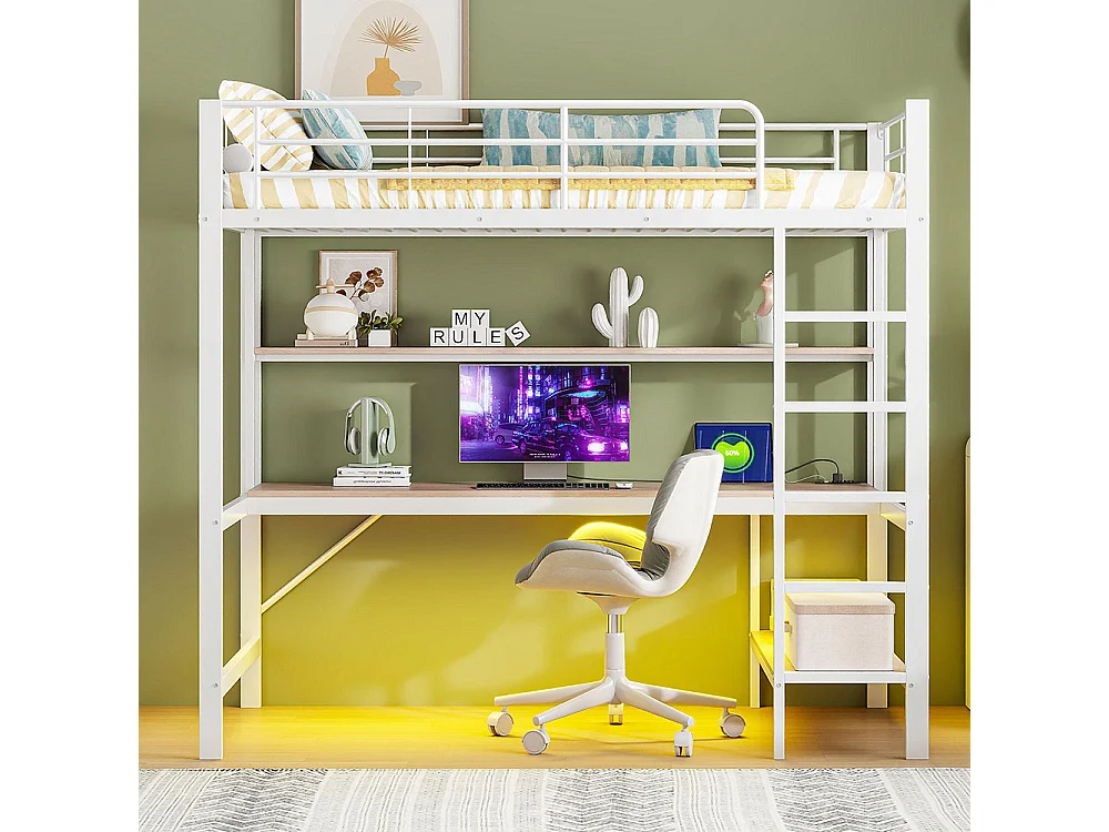 Lit mezzanine 90×200 cm garde-corps escabeau avec usb et prise éclairage d'ambiance étagère à plusieurs niveaux Métal Blanc