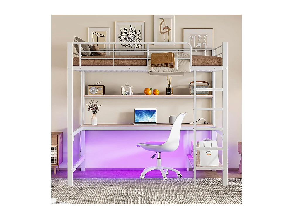 Lit mezzanine 140×200 cm garde-corps escabeau avec usb et prise éclairage d'ambiance étagère à plusieurs niveaux Métal Blanc