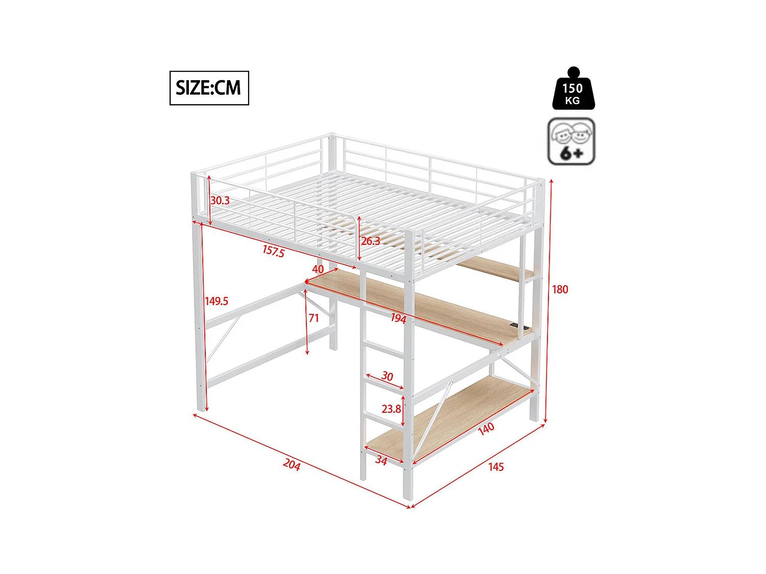 Lit mezzanine 140×200 cm garde-corps escabeau avec usb et prise éclairage d'ambiance étagère à plusieurs niveaux Métal Blanc