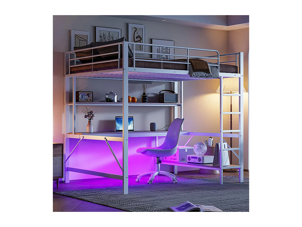 Lit mezzanine 140×200 cm garde-corps escabeau avec usb et prise éclairage d'ambiance étagère à plusieurs niveaux Métal Blanc
