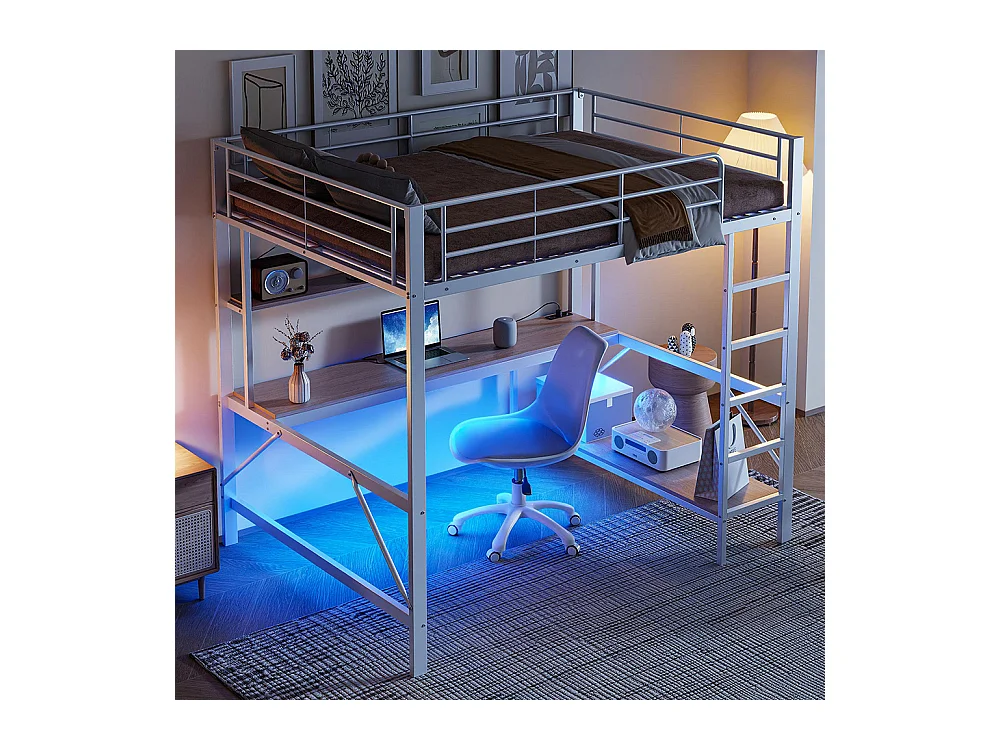 Lit mezzanine 140×200 cm garde-corps escabeau avec usb et prise éclairage d'ambiance étagère à plusieurs niveaux Métal Blanc