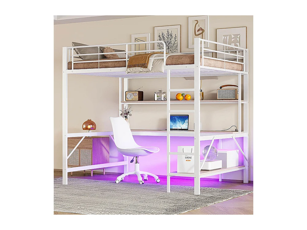 Lit mezzanine 140×200 cm garde-corps escabeau avec usb et prise éclairage d'ambiance étagère à plusieurs niveaux Métal Blanc