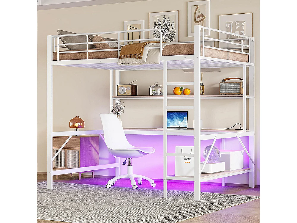 Lit mezzanine 140×200 cm garde-corps escabeau avec usb et prise éclairage d'ambiance étagère à plusieurs niveaux Métal Blanc