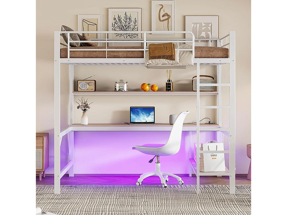 Lit mezzanine 140×200 cm garde-corps escabeau avec usb et prise éclairage d'ambiance étagère à plusieurs niveaux Métal Blanc