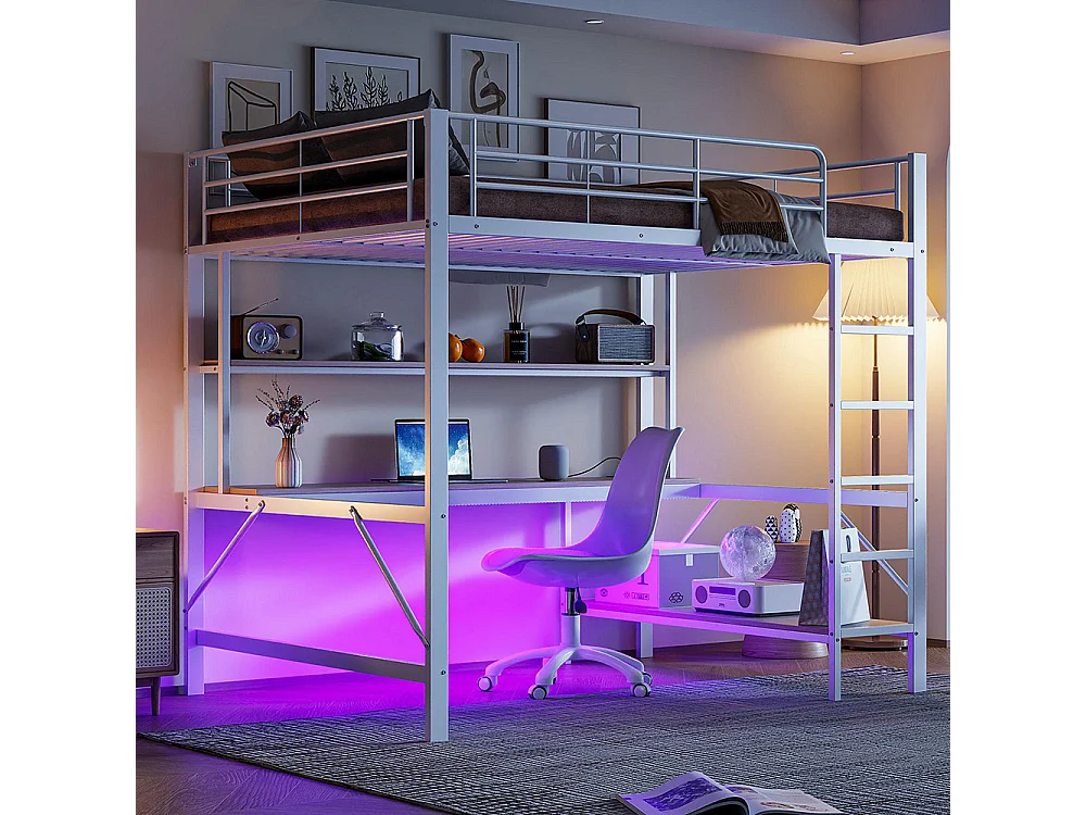 Lit mezzanine 140×200 cm garde-corps escabeau avec usb et prise éclairage d'ambiance étagère à plusieurs niveaux Métal Blanc