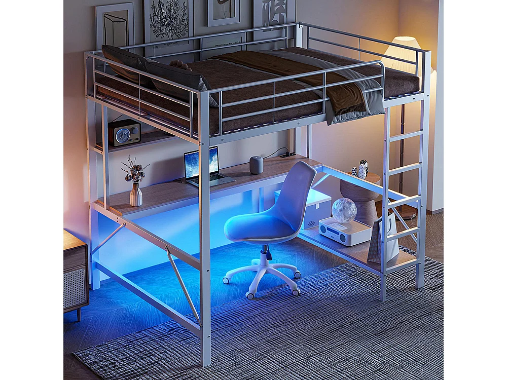 Lit mezzanine 140×200 cm garde-corps escabeau avec usb et prise éclairage d'ambiance étagère à plusieurs niveaux Métal Blanc