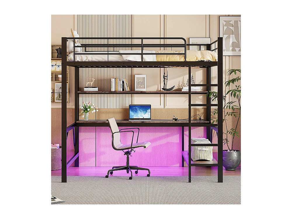 Lit mezzanine 140×200 cm garde-corps escabeau avec usb et prise éclairage d'ambiance étagère à plusieurs niveaux Métal Noir