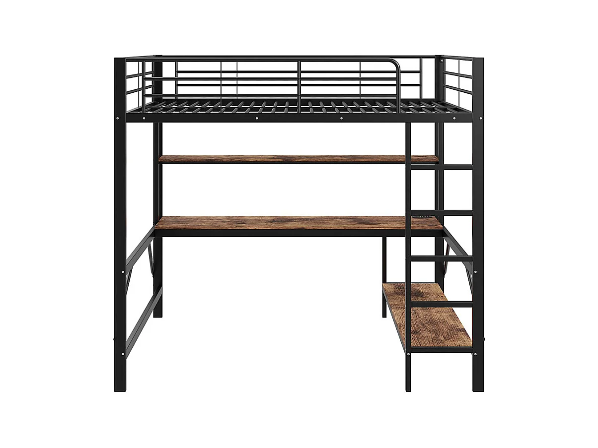 Lit mezzanine 140×200 cm garde-corps escabeau avec usb et prise éclairage d'ambiance étagère à plusieurs niveaux Métal Noir