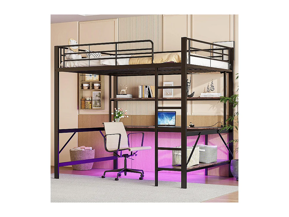 Lit mezzanine 140×200 cm garde-corps escabeau avec usb et prise éclairage d'ambiance étagère à plusieurs niveaux Métal Noir