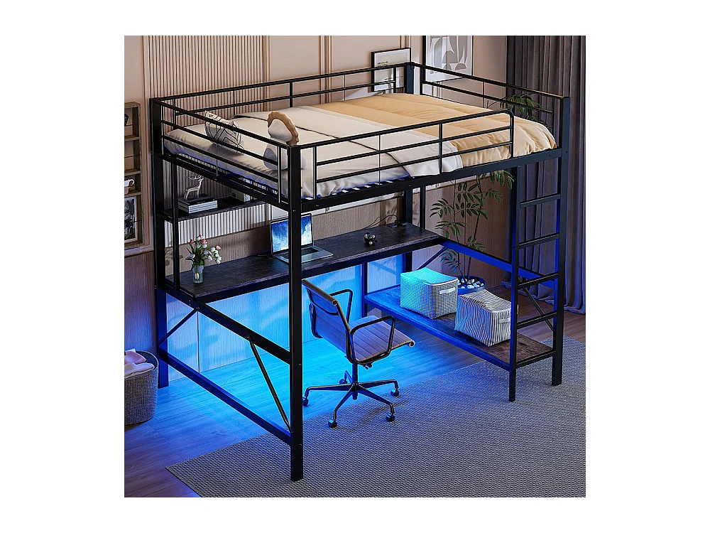 Lit mezzanine 140×200 cm garde-corps escabeau avec usb et prise éclairage d'ambiance étagère à plusieurs niveaux Métal Noir