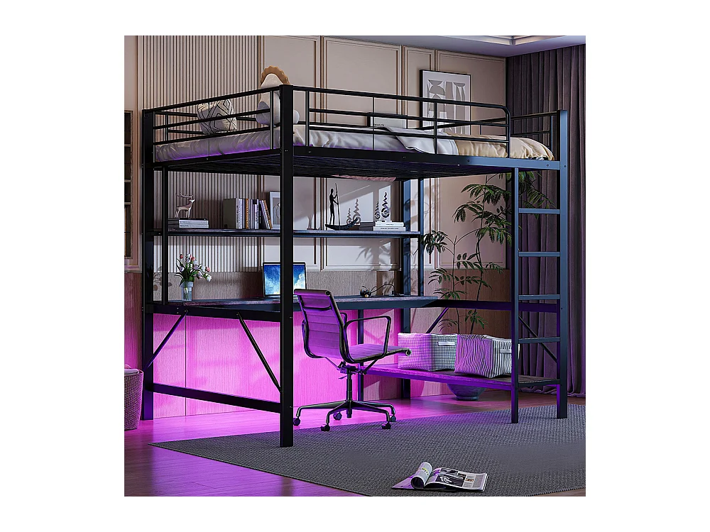 Lit mezzanine 140×200 cm garde-corps escabeau avec usb et prise éclairage d'ambiance étagère à plusieurs niveaux Métal Noir