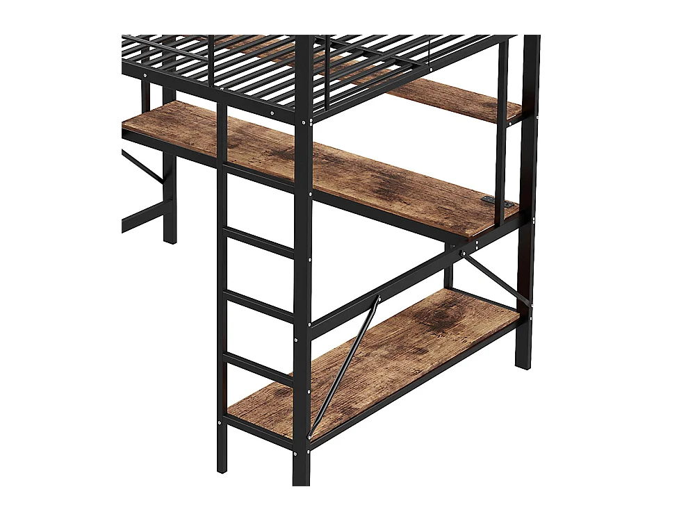 Lit mezzanine 140×200 cm garde-corps escabeau avec usb et prise éclairage d'ambiance étagère à plusieurs niveaux Métal Noir