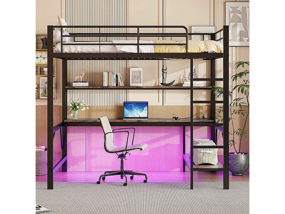 Lit mezzanine 140×200 cm garde-corps escabeau avec usb et prise éclairage d'ambiance étagère à plusieurs niveaux Métal Noir