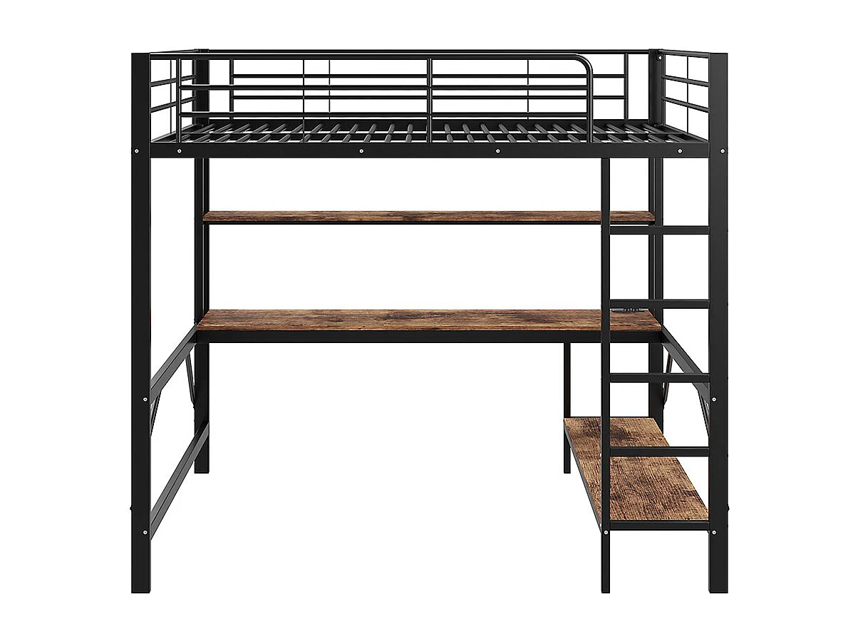 Lit mezzanine 140×200 cm garde-corps escabeau avec usb et prise éclairage d'ambiance étagère à plusieurs niveaux Métal Noir