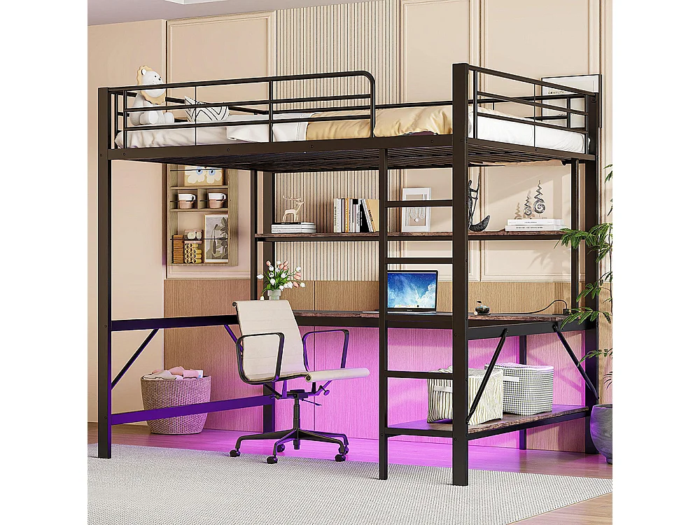 Lit mezzanine 140×200 cm garde-corps escabeau avec usb et prise éclairage d'ambiance étagère à plusieurs niveaux Métal Noir