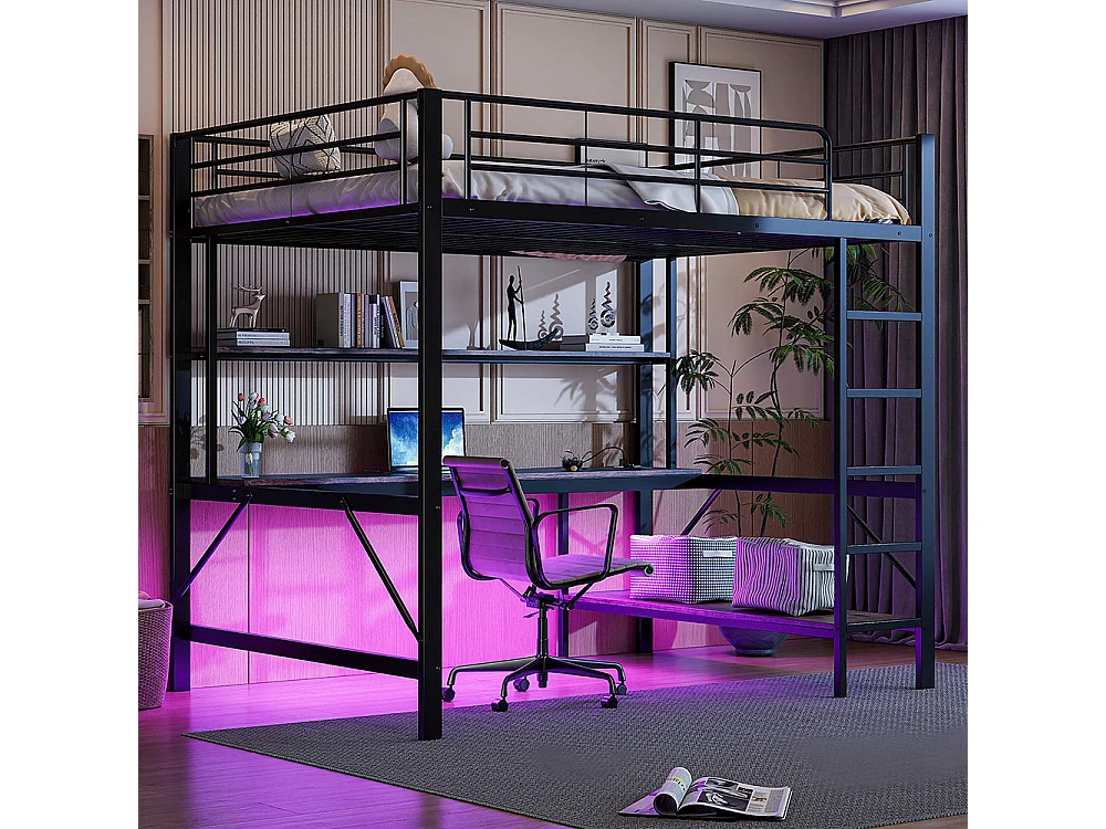 Lit mezzanine 140×200 cm garde-corps escabeau avec usb et prise éclairage d'ambiance étagère à plusieurs niveaux Métal Noir