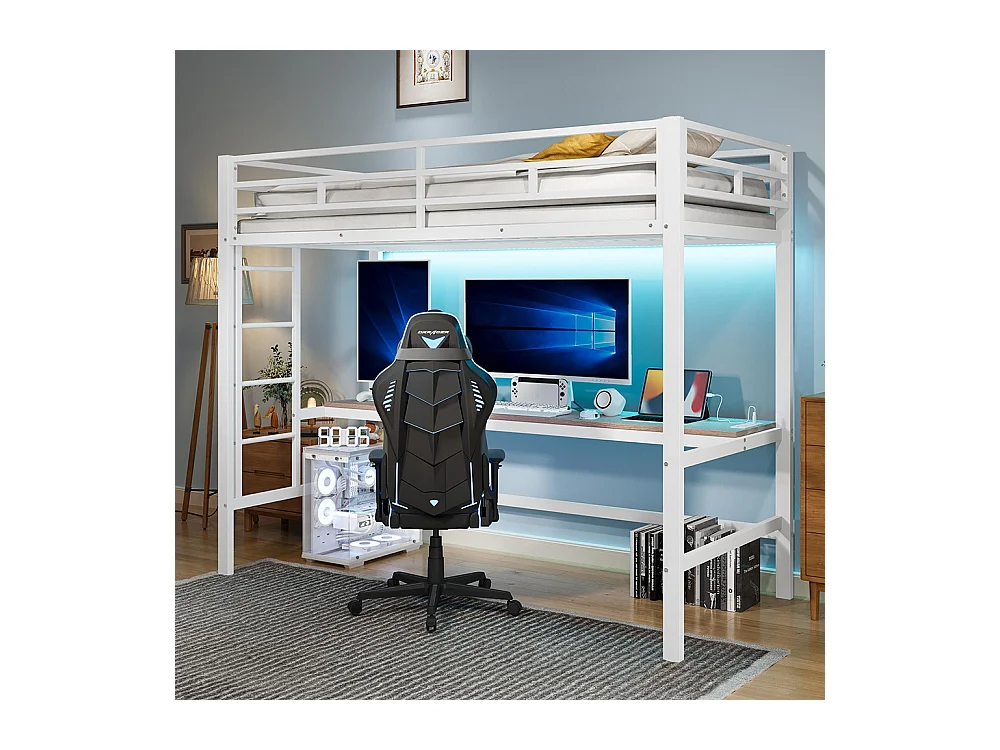 Lit mezzanine 90×200 cm rampe escabeau table avec USB et prise bande lumineuse Wire Control éclairage d'ambiance métal Blanc