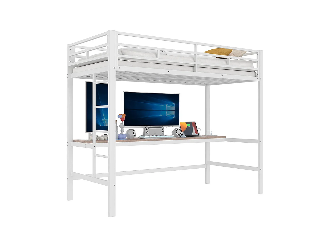 Lit mezzanine 90×200 cm rampe escabeau table avec USB et prise bande lumineuse Wire Control éclairage d'ambiance métal Blanc