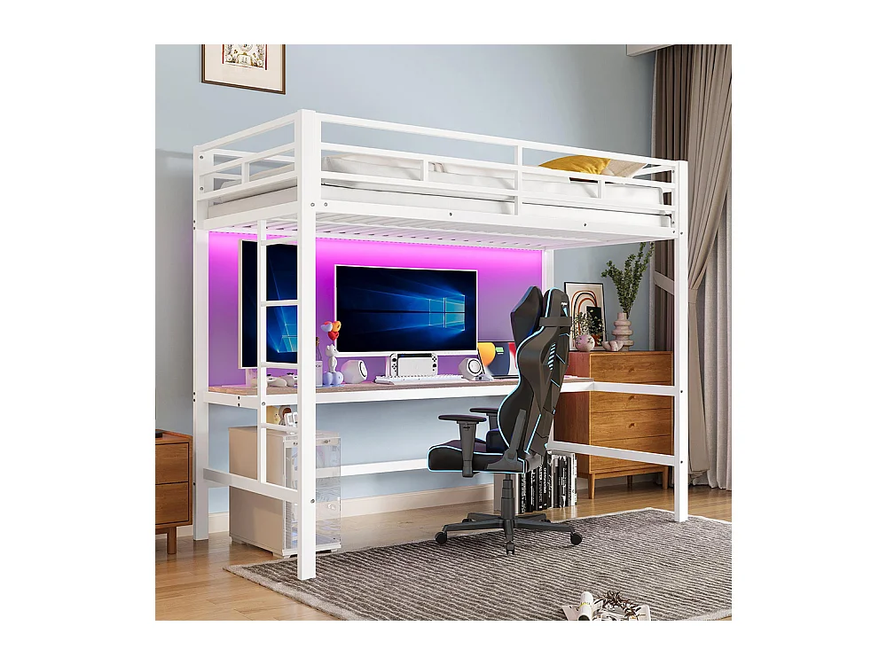 Lit mezzanine 90×200 cm rampe escabeau table avec USB et prise bande lumineuse Wire Control éclairage d'ambiance métal Blanc