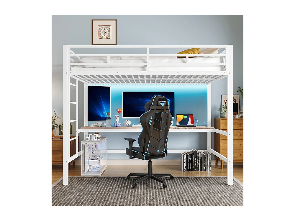 Lit mezzanine 90×200 cm rampe escabeau table avec USB et prise bande lumineuse Wire Control éclairage d'ambiance métal Blanc