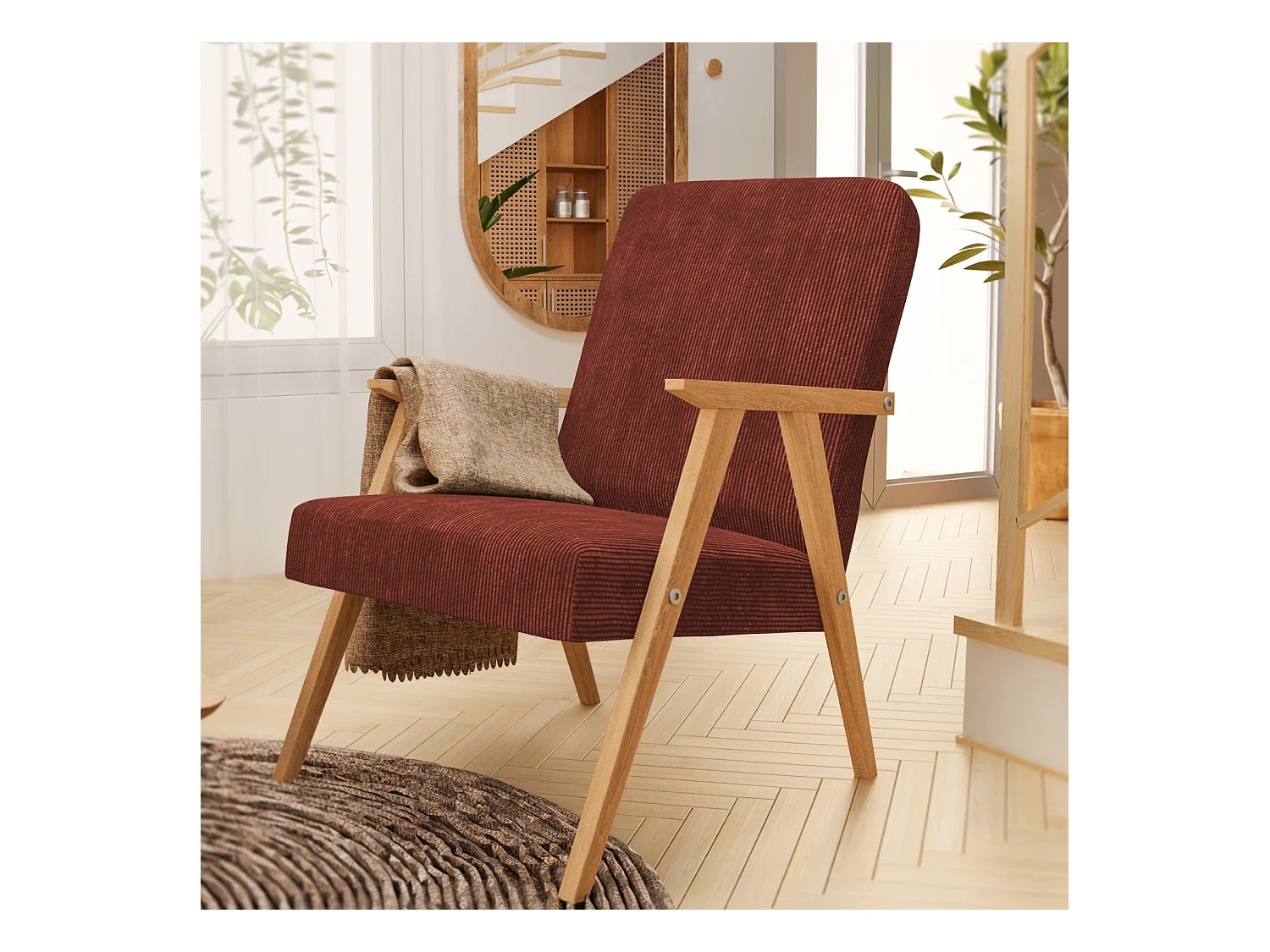 Sessel Petra klassische Sessel Retro im minimalistischen Stil Scandinavian Holz, dunkelrot