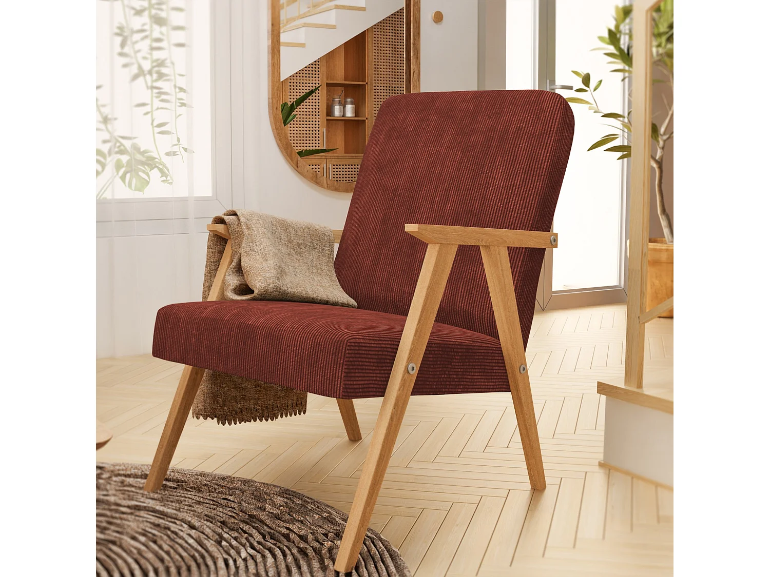 Sessel Petra klassische Sessel Retro im minimalistischen Stil Scandinavian Holz, dunkelrot