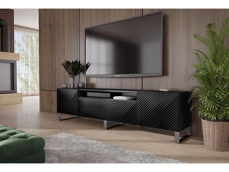 TV-Schrank Kaja III Fernsehschrank TV-Lowboard 200 cm gefräste Fronten modernes Design dreitürig Wohnzimmer (Farbe: schwarz )